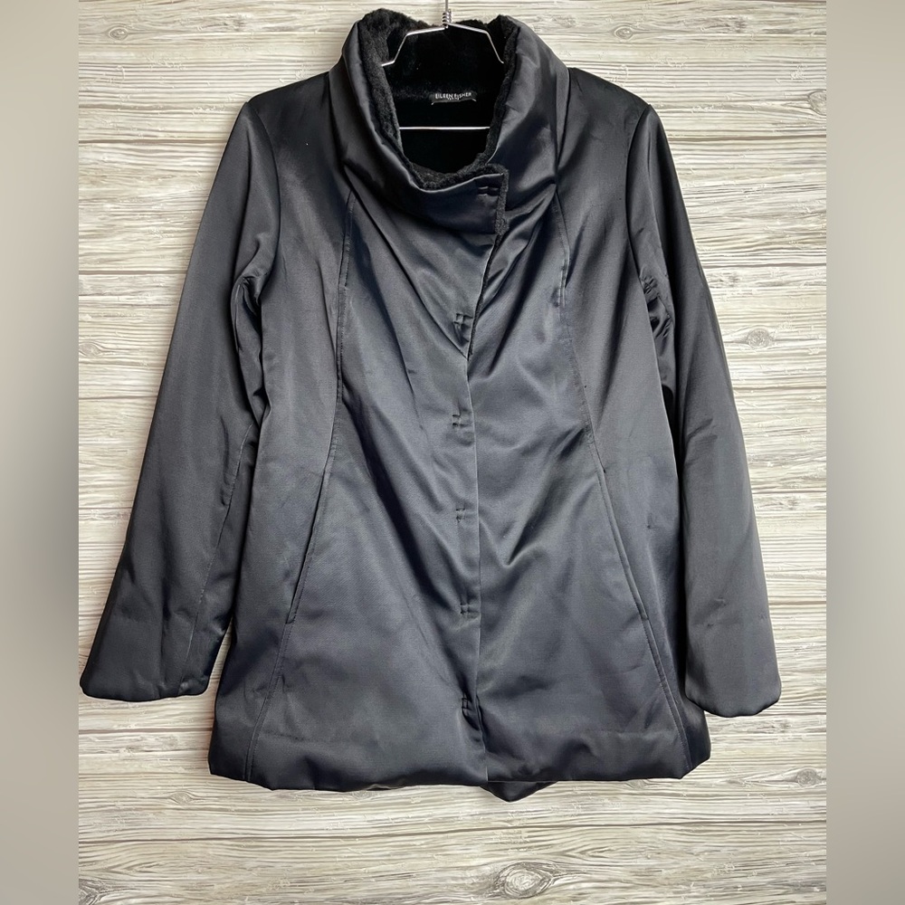 Eileen Fisher Bonded Fleece Black Funnel Neck Lined Jacket Coat Small Petite